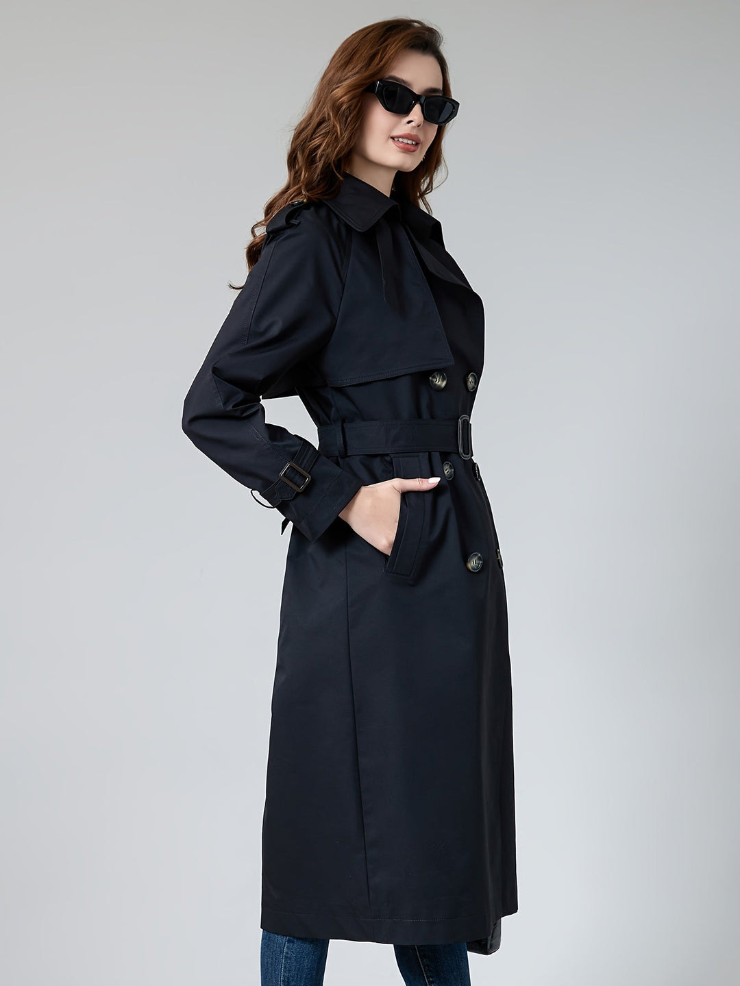 Trench-coat élégant en polyester uni tissé avec poches pour femmes | Idéal pour toutes les occasions