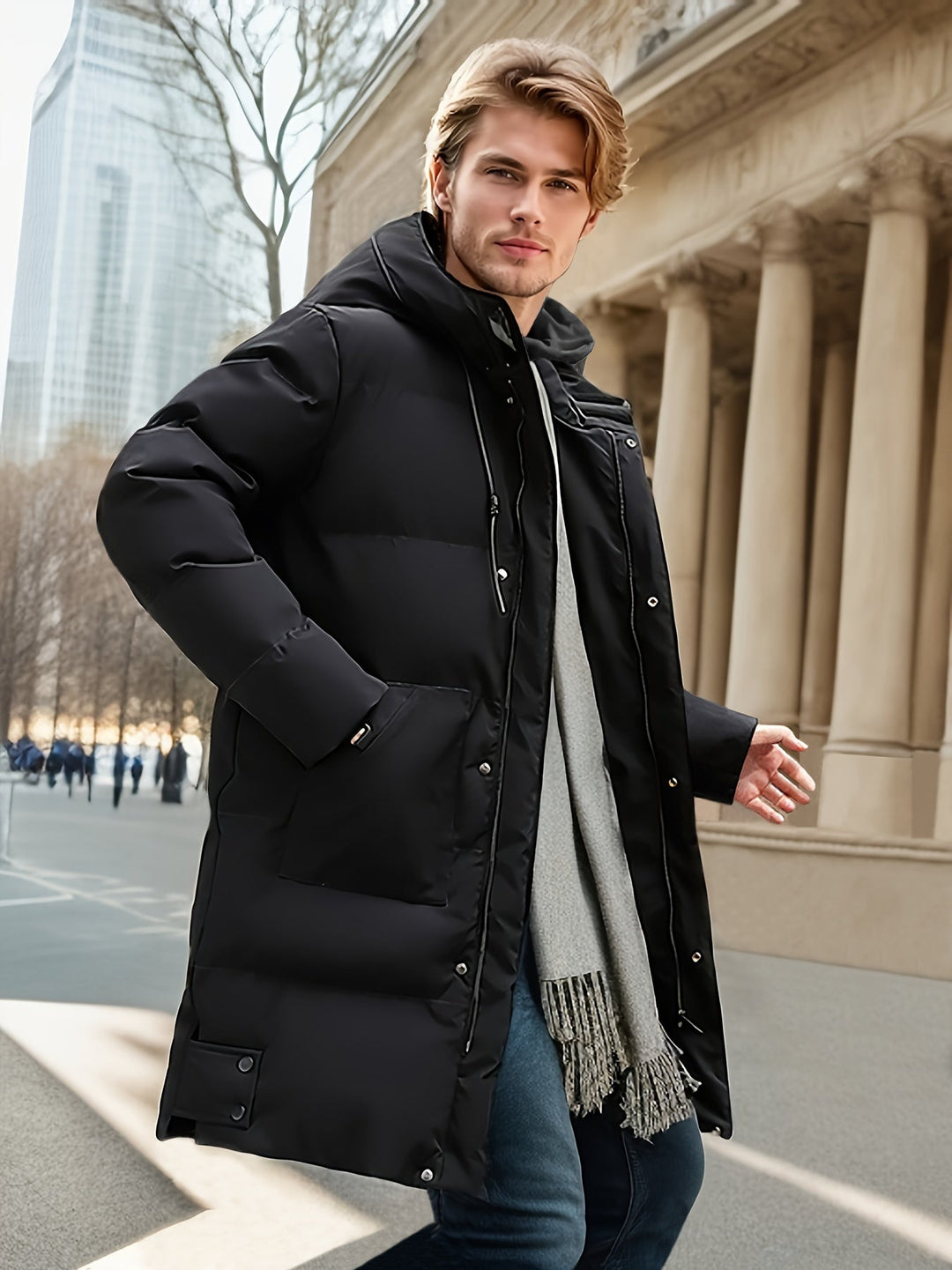Veste d'hiver matelassée à capuche mi-longue décontractée pour hommes avec patte de fermeture éclair non extensible | Parfaite pour les activités de plein air