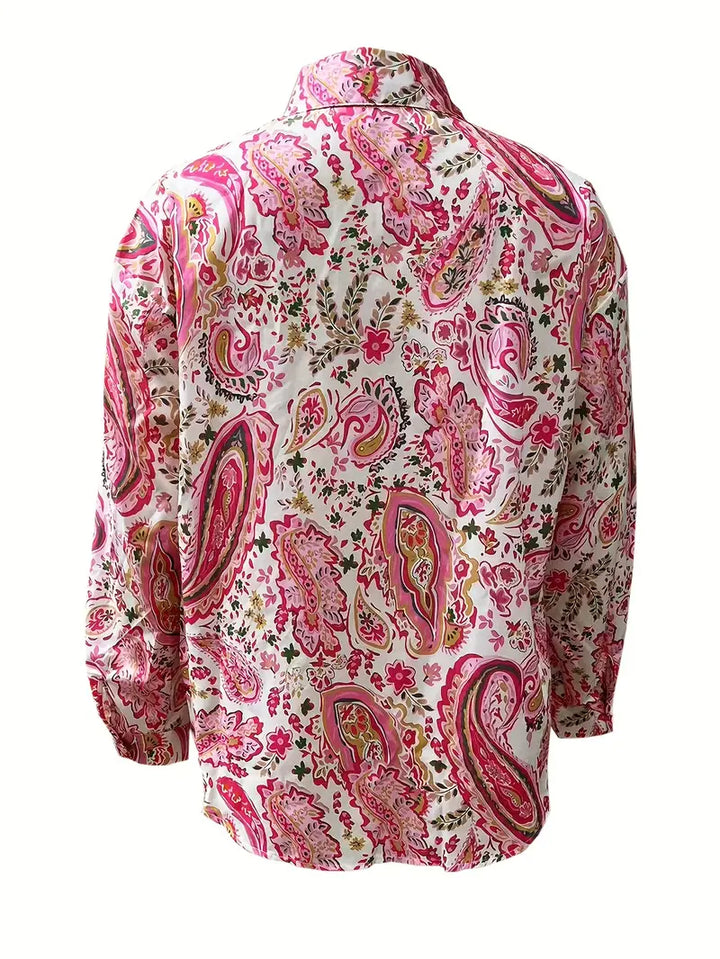 Camicetta da donna con stampa paisley e finitura satinata – Camicetta ampia con maniche lunghe per primavera, estate e look da festival