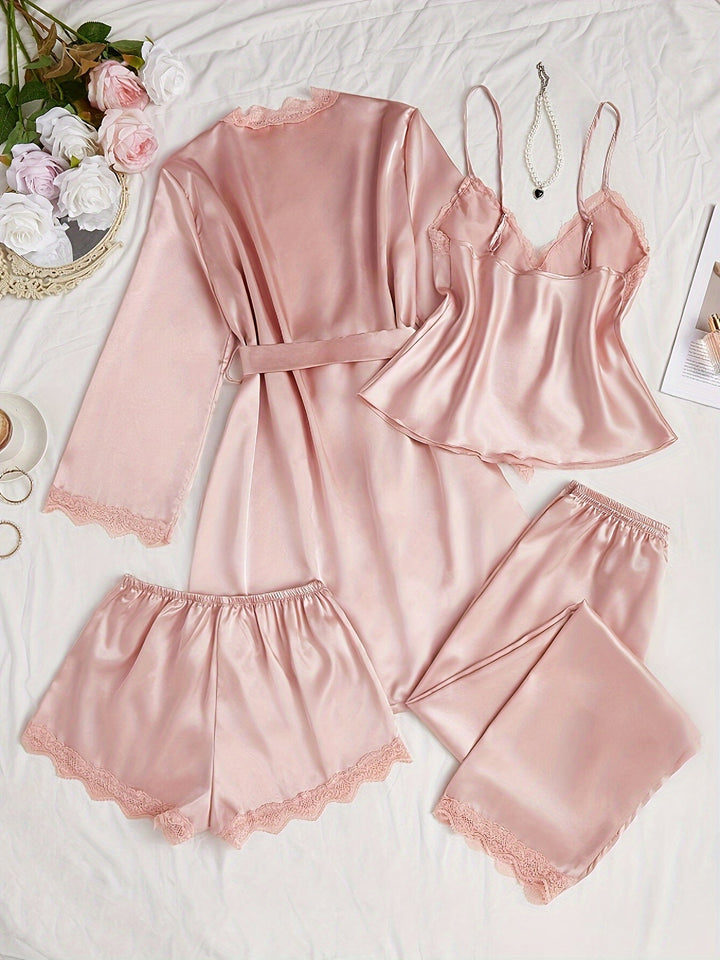 Elegantes Satin 4-teiliges Pyjama-Set Mit Spitzenbesatz Für Damen | Perfekt für jeden Tag