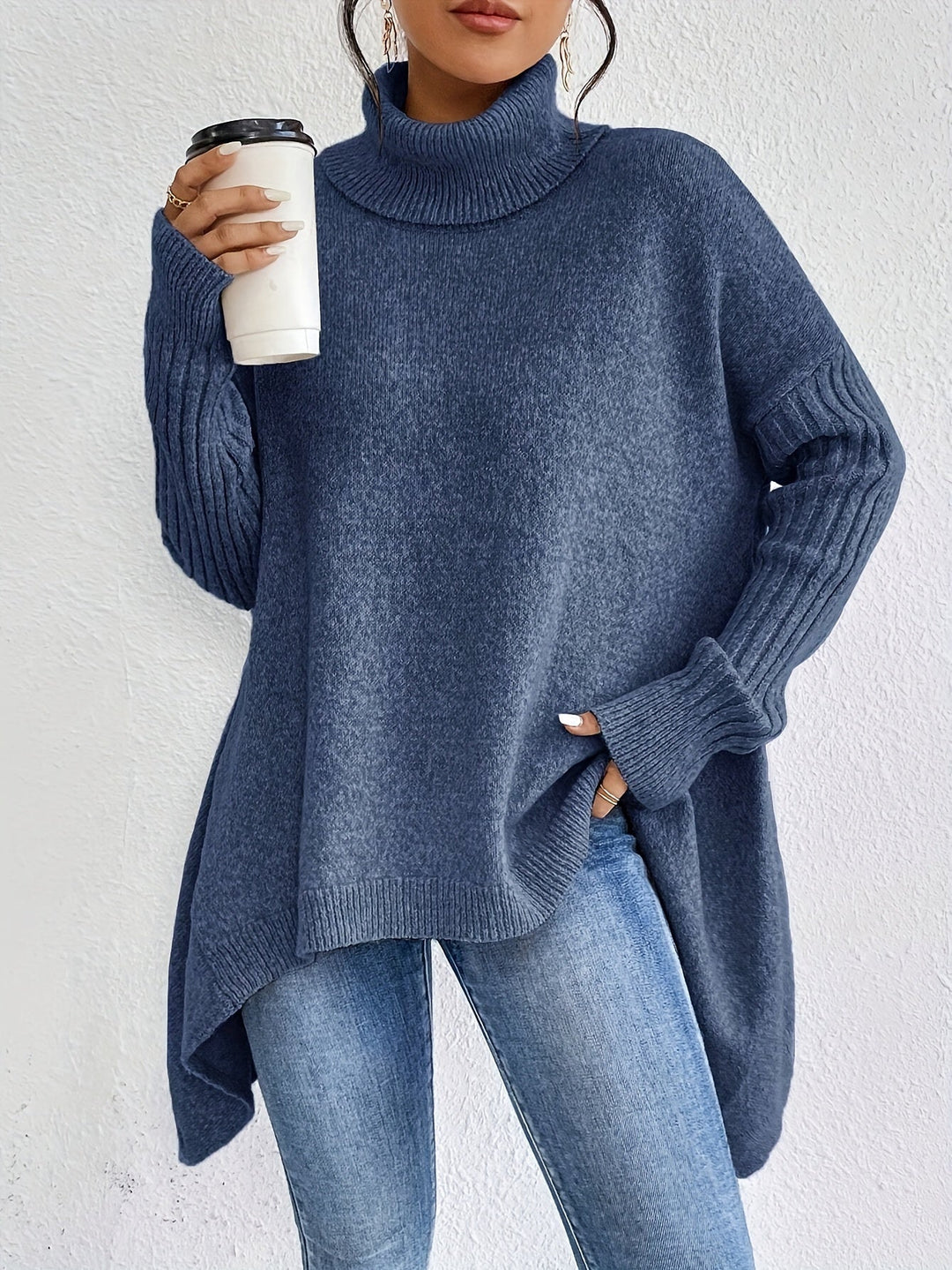 Vintage Baumwoll-Rollkragenpullover mit asymmetrischem Saum und langen Ärmeln Pullover Damen | Perfekt für den Alltag
