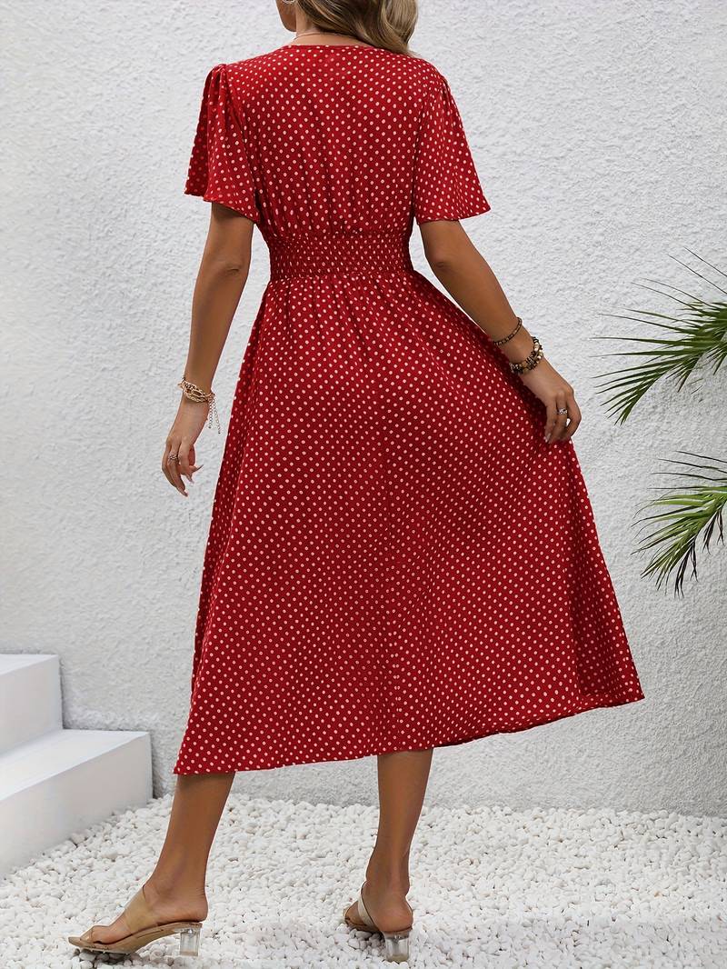 Abito midi da donna con pois e coulisse – Abito estivo arioso con scollo a V e maniche corte