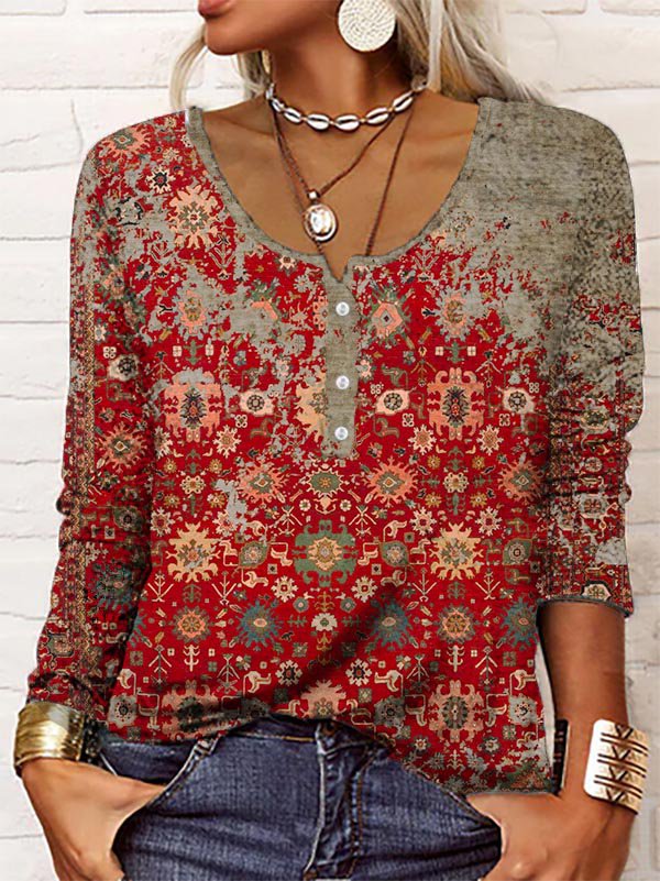 Boho Damen Langarmshirt – Vintage Blusen-Top mit Knopfleiste & Ethno-Muster, Lockerer Schnitt