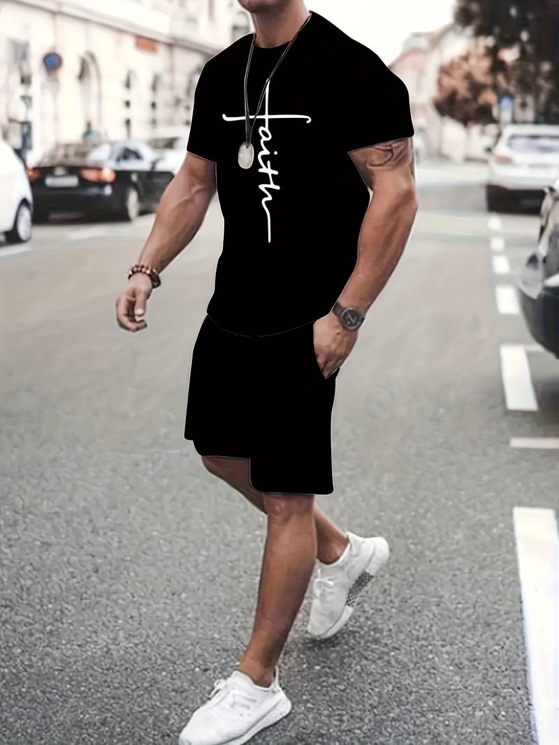 Ensemble d'été homme avec imprimé « Faith » – T-shirt sportif et short ensemble deux pièces pour loisirs et fitness