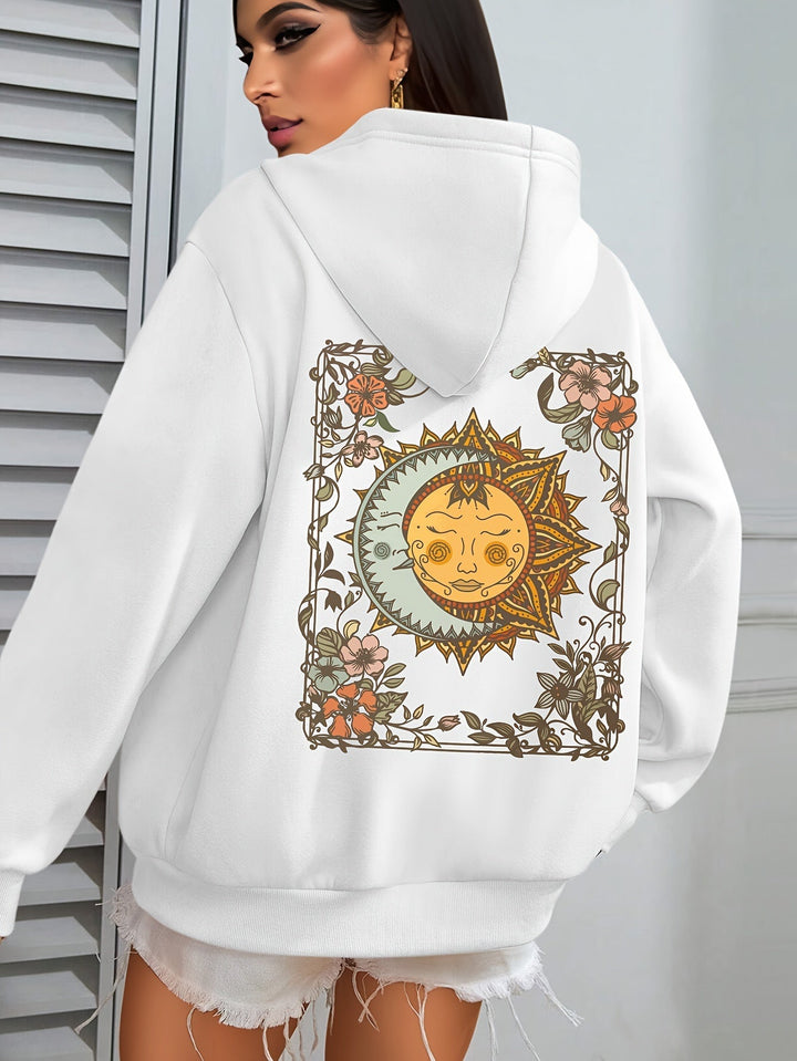 Damen Hoodie mit Sonne & Mond Print – Oversized Kapuzenpullover mit astrologischem Boho-Muster
