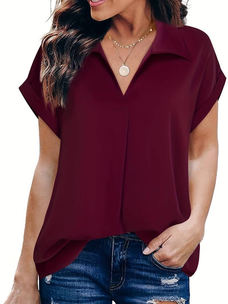 Camicia da donna taglio più ampio con scollo a V e colletto – Maglietta a maniche corte per ufficio e tempo libero