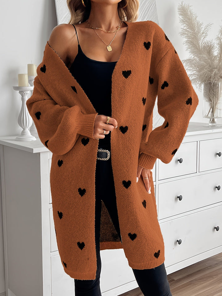 Cardigan in lana elegante con motivo a cuore e lunghezza lunga per donna | Ideale per l'inverno