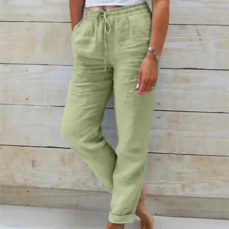 Pantalon en lin pour femmes avec ceinture élastique – Pantalon décontracté aéré avec cordon de serrage pour l'été, les vacances et le quotidien