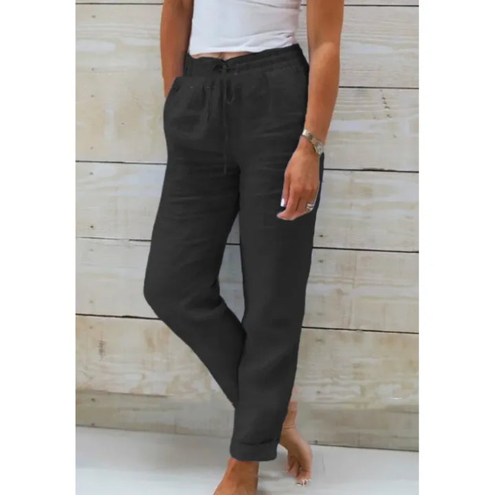 Pantalon en lin pour femmes avec ceinture élastique – Pantalon décontracté aéré avec cordon de serrage pour l'été, les vacances et le quotidien