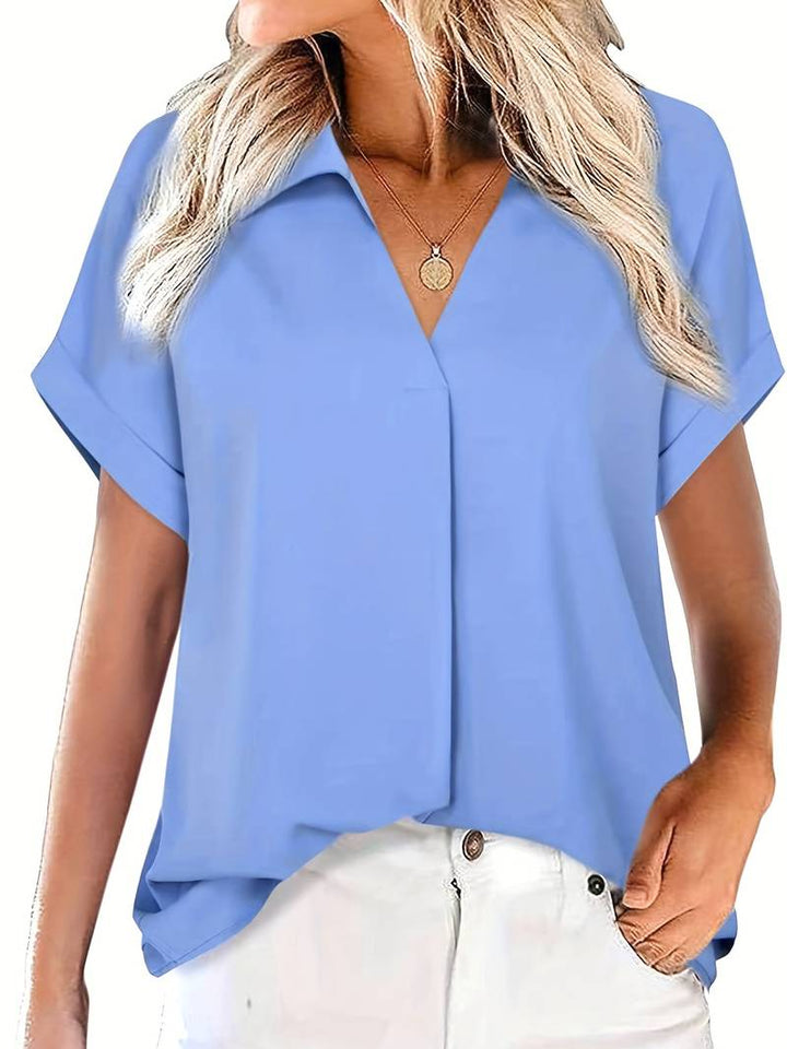 Camicia da donna taglio più ampio con scollo a V e colletto – Maglietta a maniche corte per ufficio e tempo libero