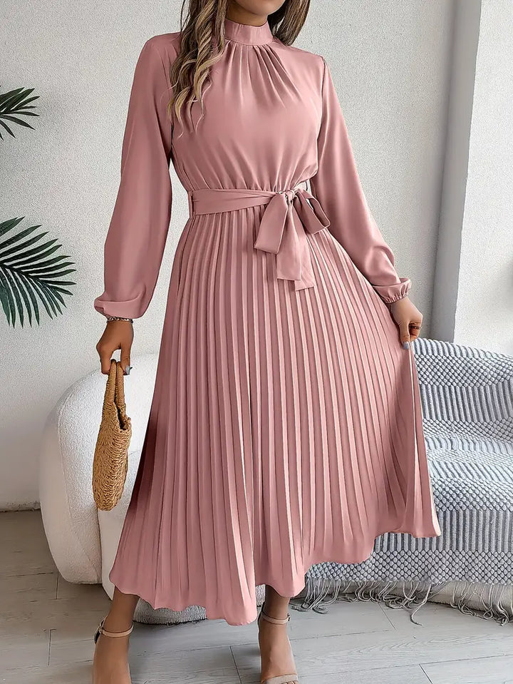 Elegante abito midi plissettato con cintura – abito a maniche lunghe da donna per ufficio e occasioni speciali