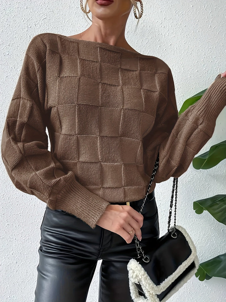 Vintage Baumwollpullover mit Boot-Ausschnitt und karierten Ärmeln Pullover Damen | Perfekt für lässige Tage