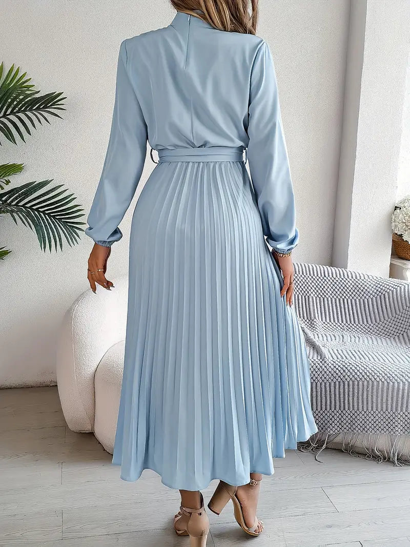 Elegante abito midi plissettato con cintura – abito a maniche lunghe da donna per ufficio e occasioni speciali