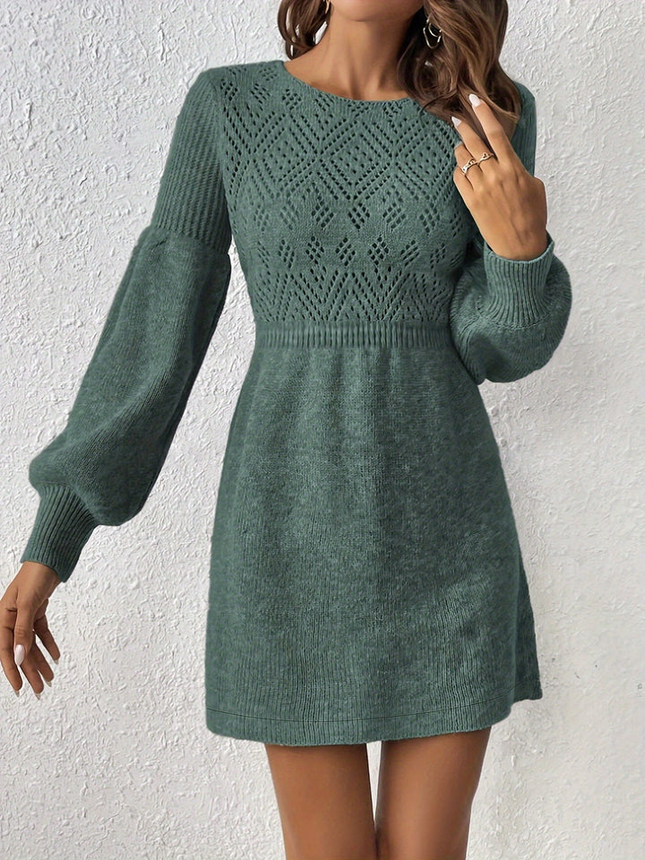 Warm Lochstickerei Solide Farbe Strick Laternen Ärmel A-Linie Geraffte Taille Formelles Kleid Für Frauen | Ideal für formelle Anlässe