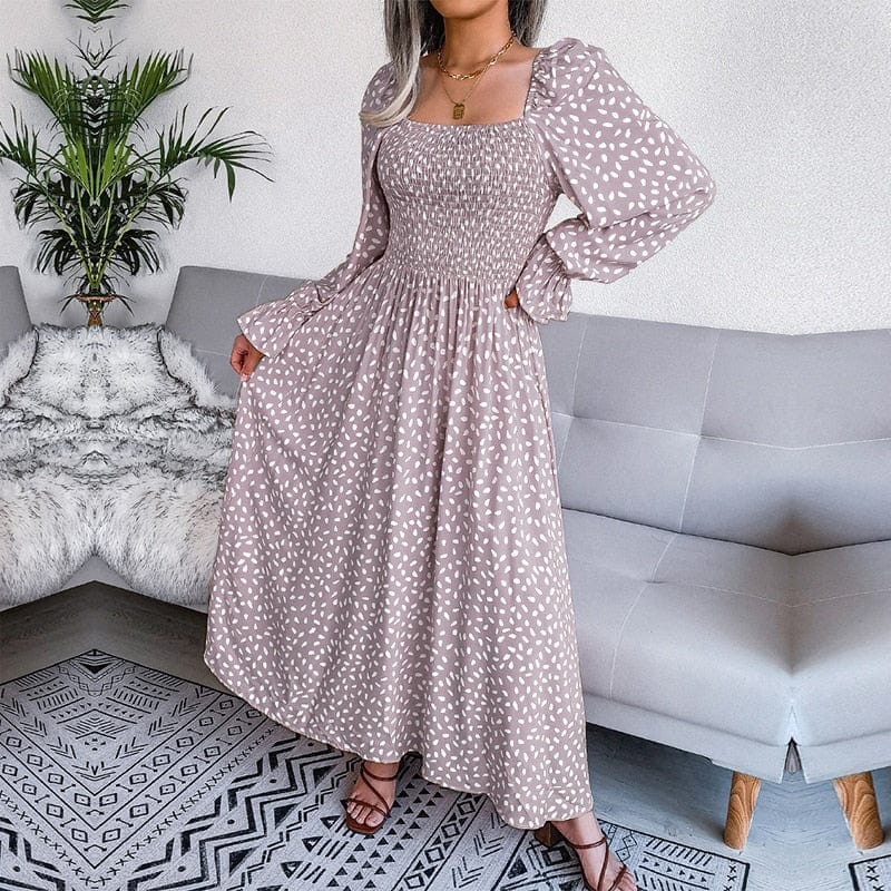 Vestito lungo con grembiule da donna con maniche a sbuffo – Vestito a maniche lunghe con stampa e scollo quadrato – Look romantico quotidiano per primavera e autunno