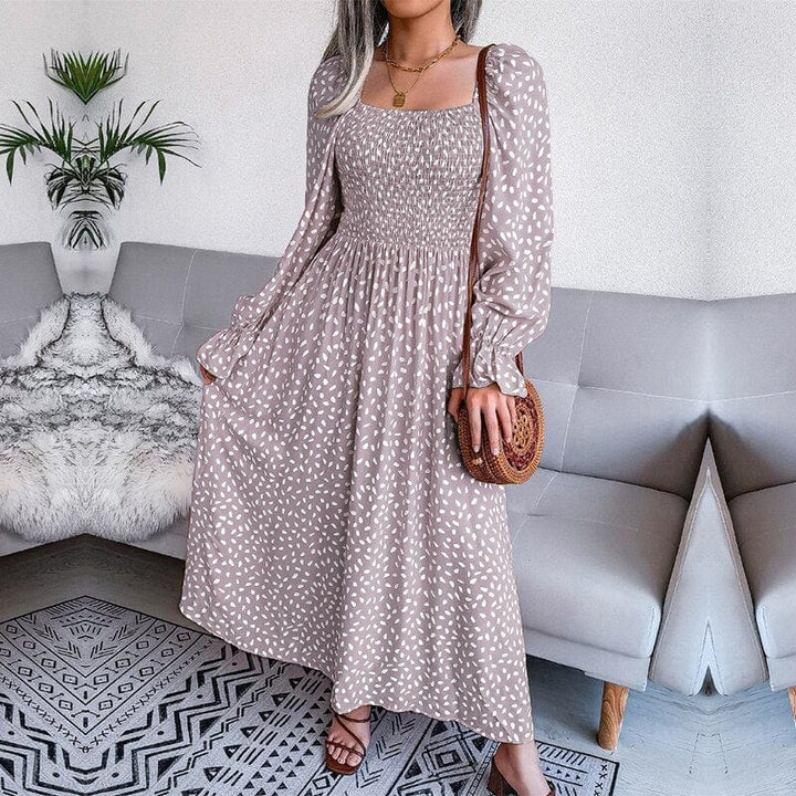 Vestito lungo con grembiule da donna con maniche a sbuffo – Vestito a maniche lunghe con stampa e scollo quadrato – Look romantico quotidiano per primavera e autunno