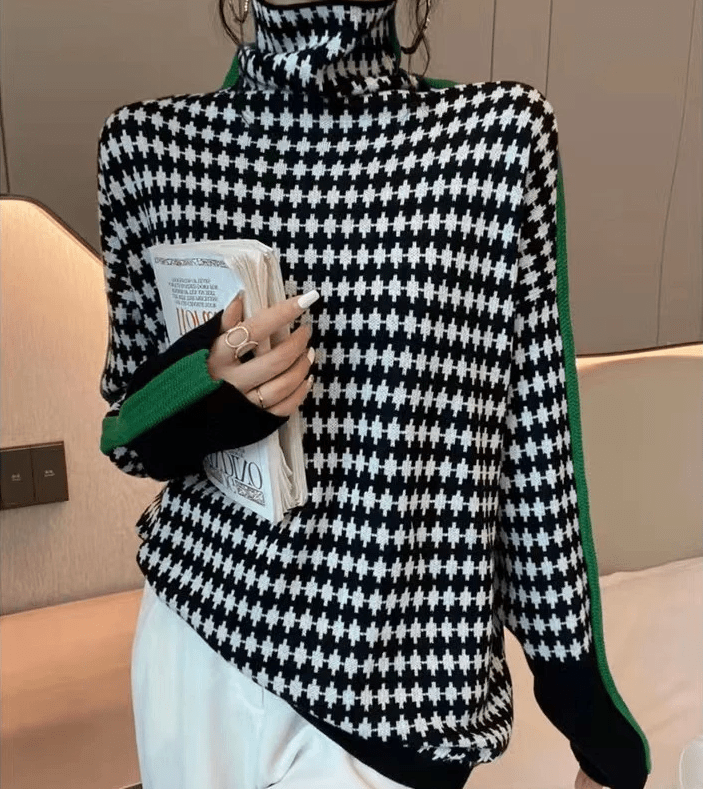Paulette - Pull élégant avec motif à carreaux noir et blanc