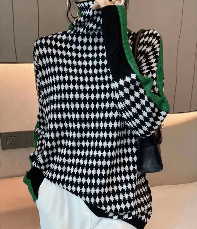 Paulette - Pull élégant avec motif à carreaux noir et blanc