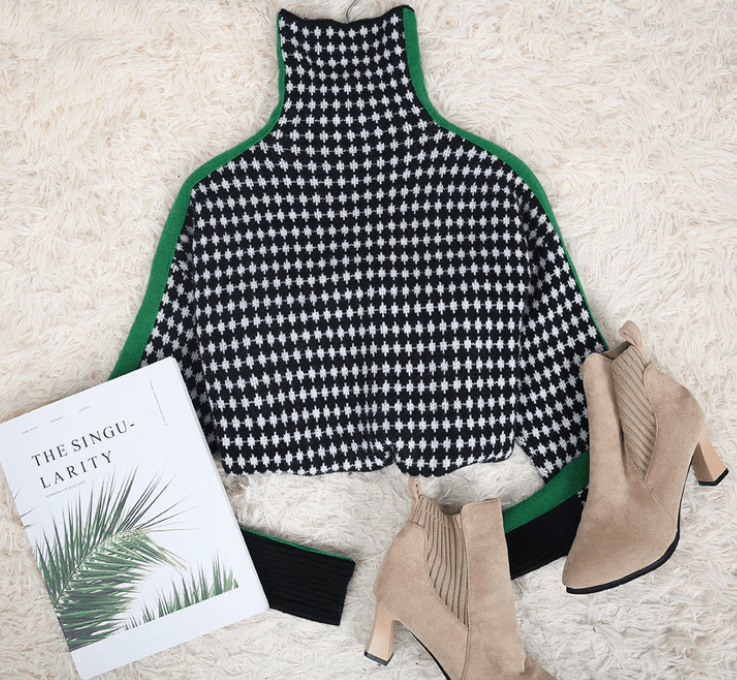 Paulette - Pull élégant avec motif à carreaux noir et blanc