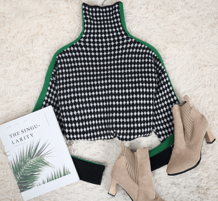 Paulette - Pull élégant avec motif à carreaux noir et blanc