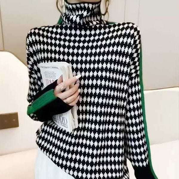 Paulette - Pull élégant avec motif à carreaux noir et blanc