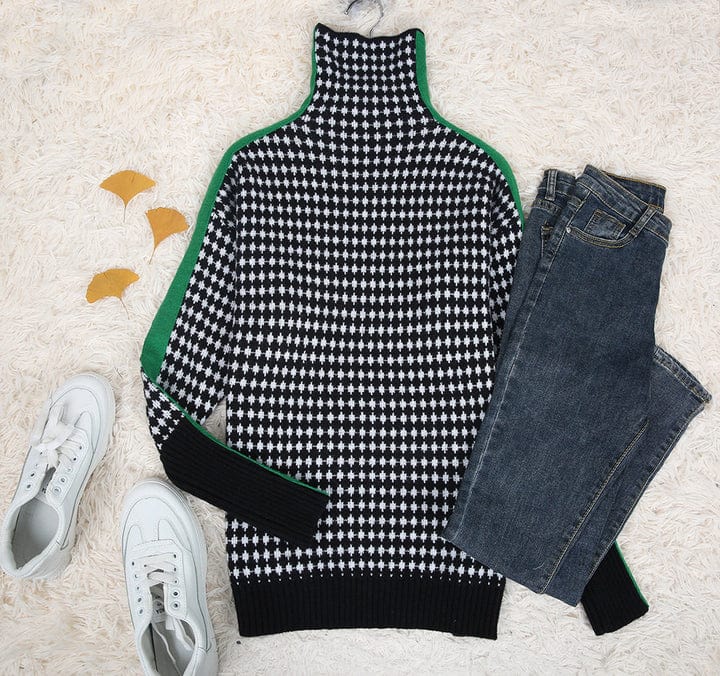 Paulette - Pull élégant avec motif à carreaux noir et blanc