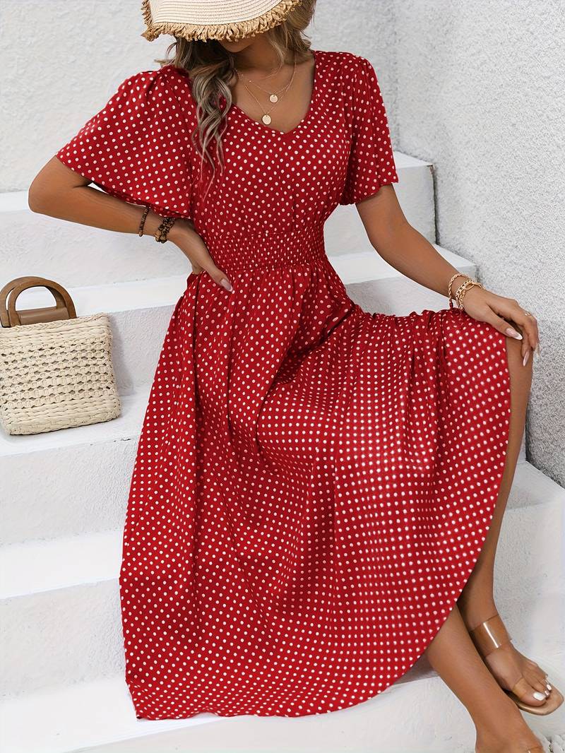 Abito midi da donna con pois e coulisse – Abito estivo arioso con scollo a V e maniche corte