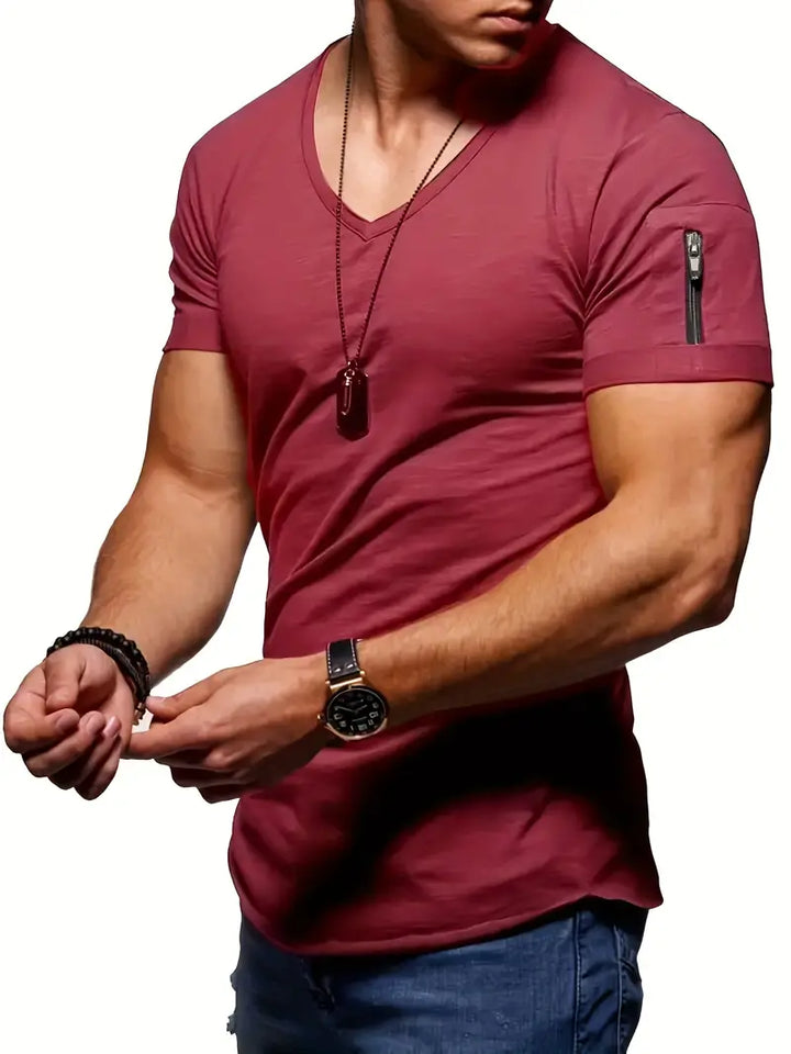 T-shirt homme avec col en V et détail fermeture éclair – T-shirt slim fit à manches courtes pour fitness, loisirs et streetwear
