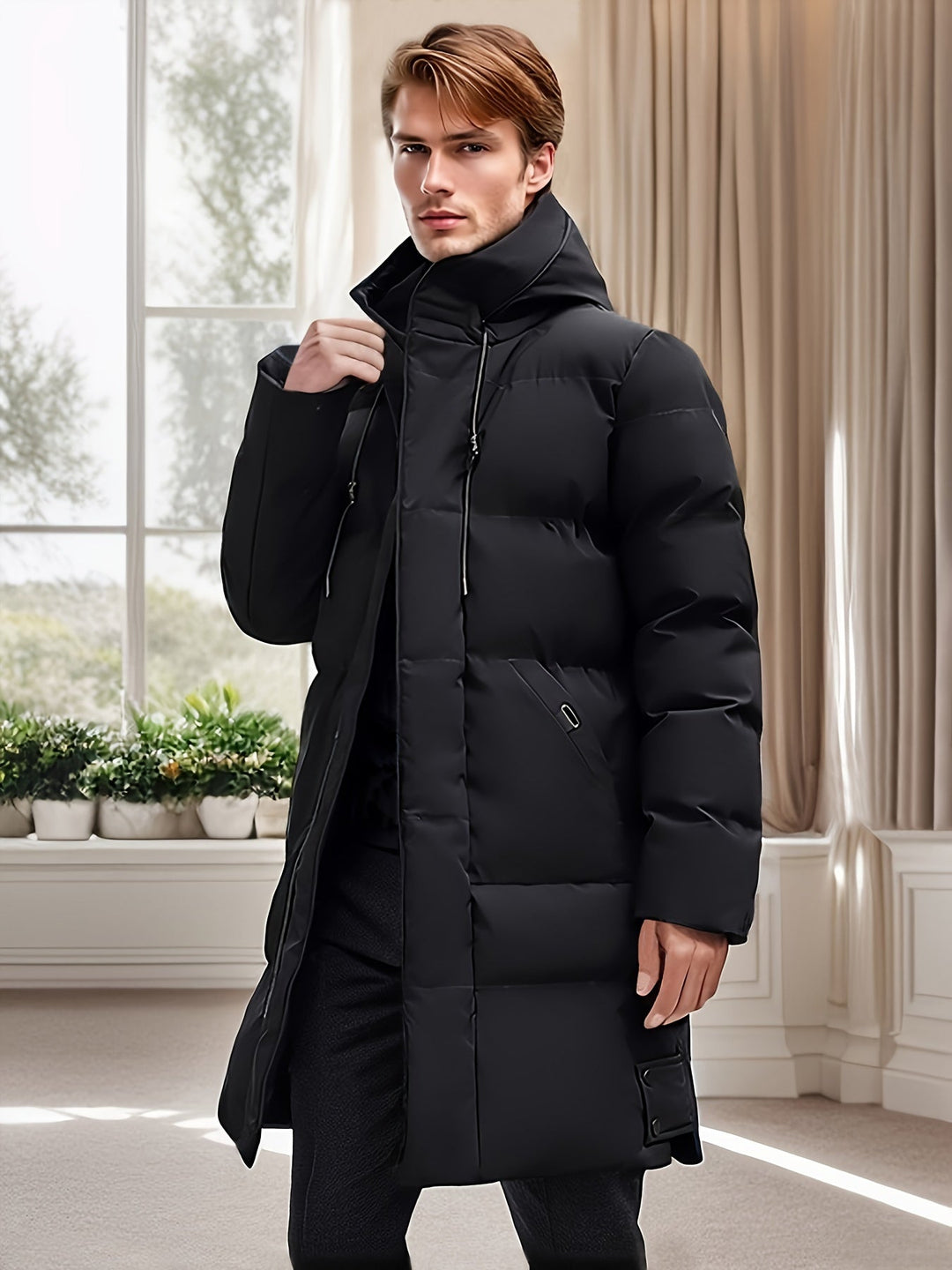 Veste d'hiver matelassée à capuche mi-longue décontractée pour hommes avec patte de fermeture éclair non extensible | Parfaite pour les activités de plein air