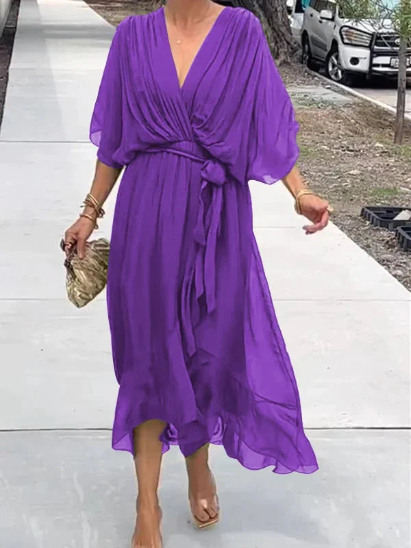 Abito lungo da donna con effetto incrociato – Abito estivo arioso con scollo a V e cintura da annodare – Elegante abito da spiaggia con maniche a pipistrello