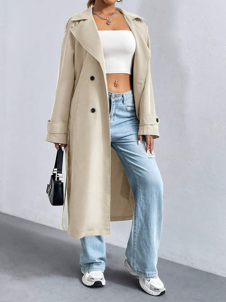 Trench elegante in colore semplice con maniche lunghe con cintura per donna | Perfetto per occasioni formali