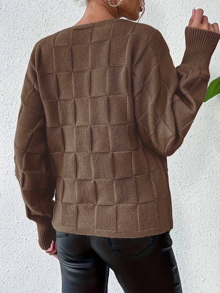 Vintage Baumwollpullover mit Boot-Ausschnitt und karierten Ärmeln Pullover Damen | Perfekt für lässige Tage