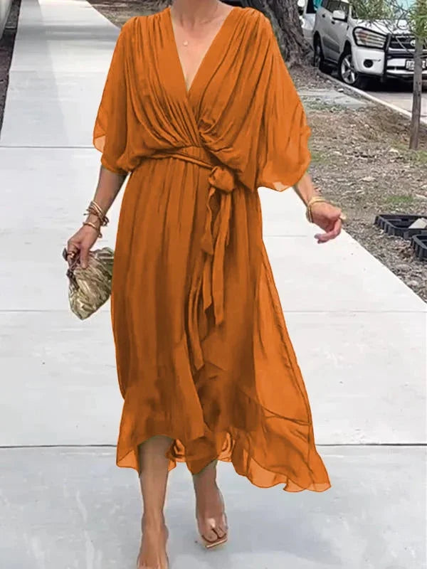 Abito lungo da donna con effetto incrociato – Abito estivo arioso con scollo a V e cintura da annodare – Elegante abito da spiaggia con maniche a pipistrello