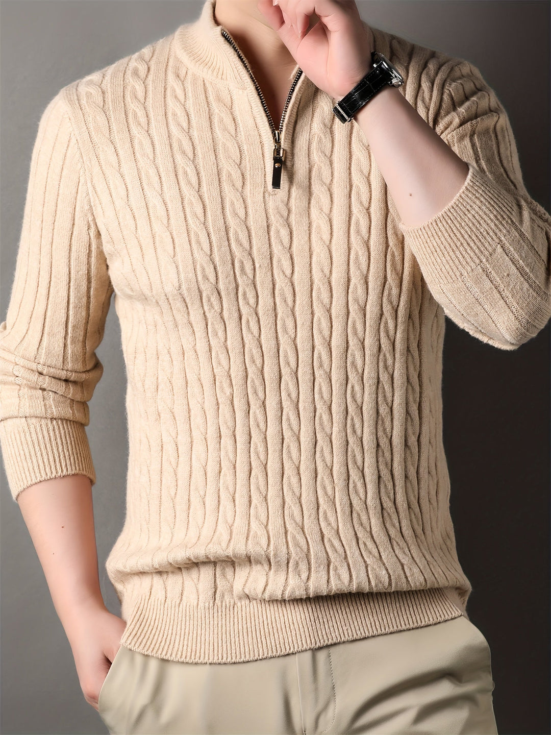 Donnell - Pull décontracté pour homme en tricot torsadé avec fermeture éclair