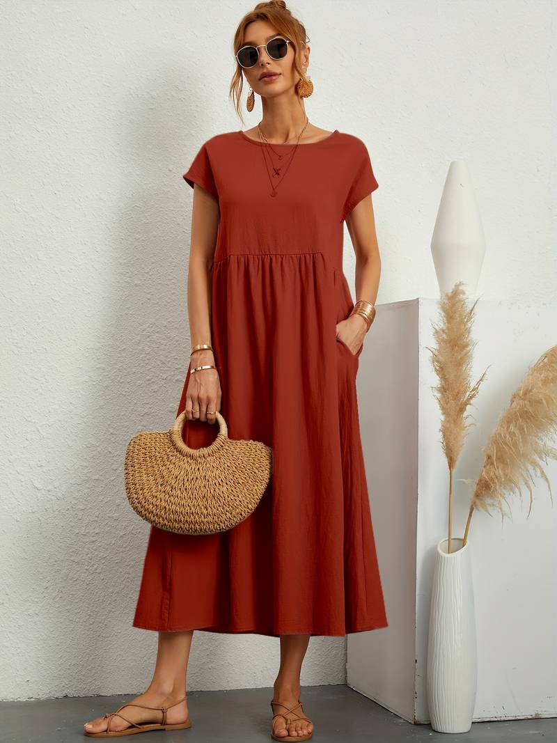 Luftiges Damen Sommerkleid – Casual Maxikleid mit Taschen & Rundhalsausschnitt
