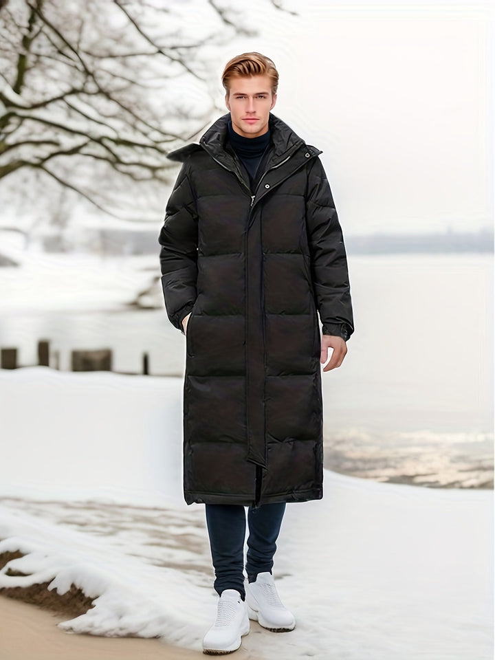 Veste d'hiver chaude longue matelassée noire à capuche en coton pour hommes | Parfaite pour les activités de plein air