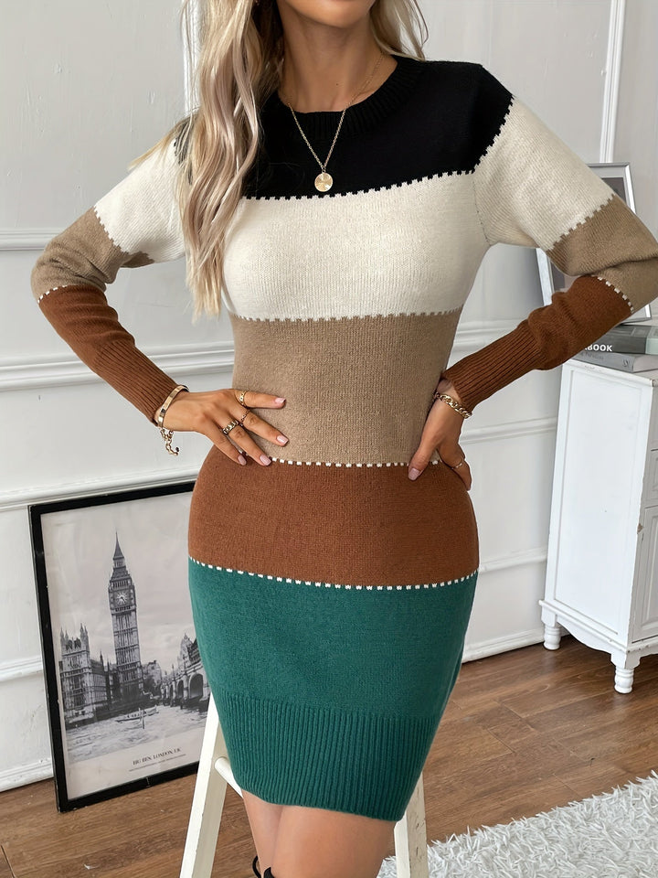 Robe formelle élégante en coton à manches longues avec bloc de couleur et col rond pour femmes | Idéal pour les occasions formelles