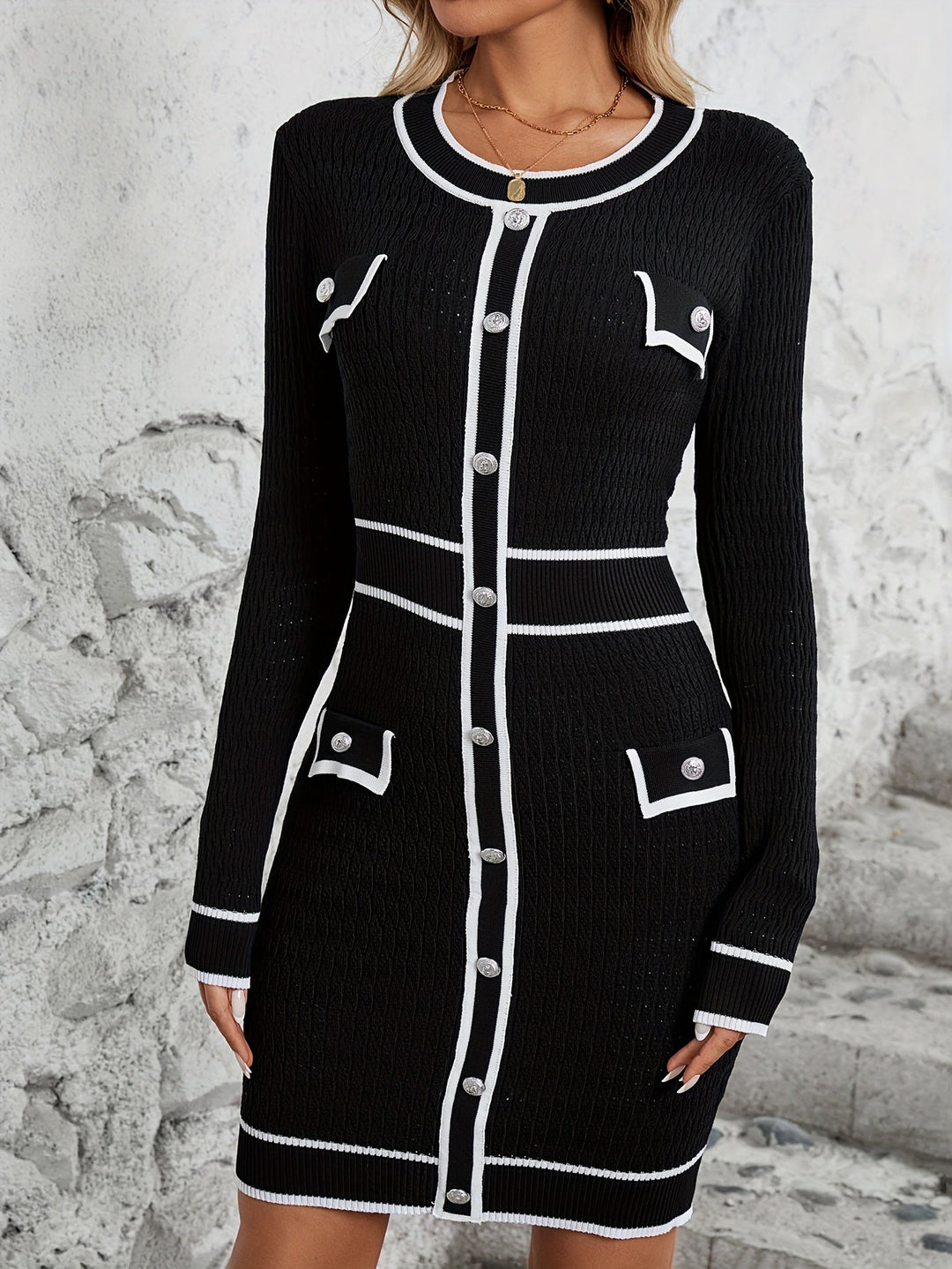 Lässig bloc de couleur rayé tricoté manches longues col rond décoration bouton robe formelle pour femmes | pour occasions formelles