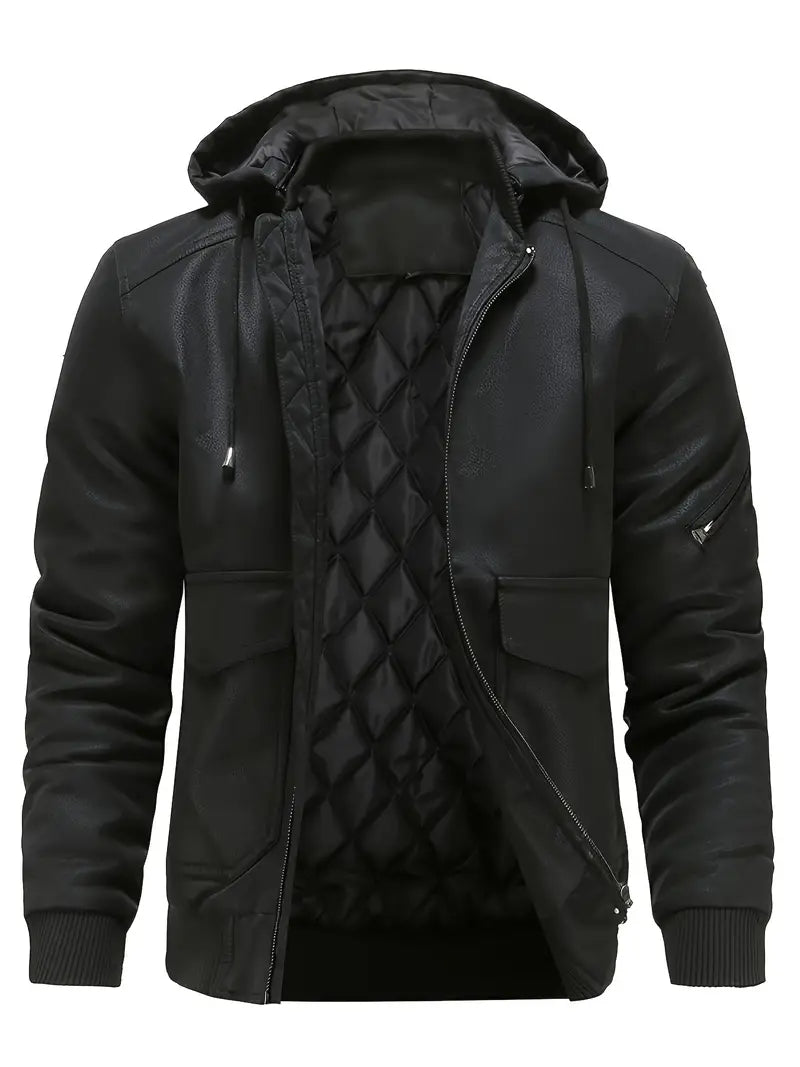 Nathanael - Wasserdichte winddichte PU Leder Winterjacke für Männer mit Kapuze