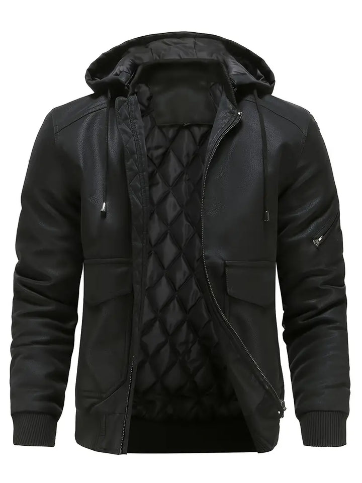 Nathanael - Wasserdichte winddichte PU Leder Winterjacke für Männer mit Kapuze