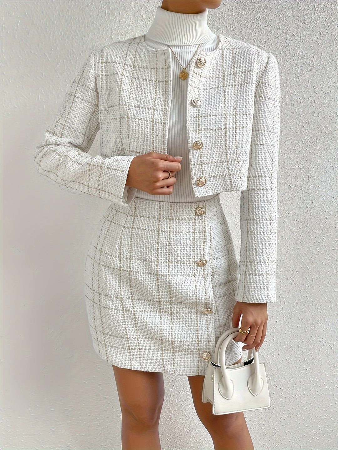Set elegante di outfit in tweed a quadri per donna | Per occasioni formali
