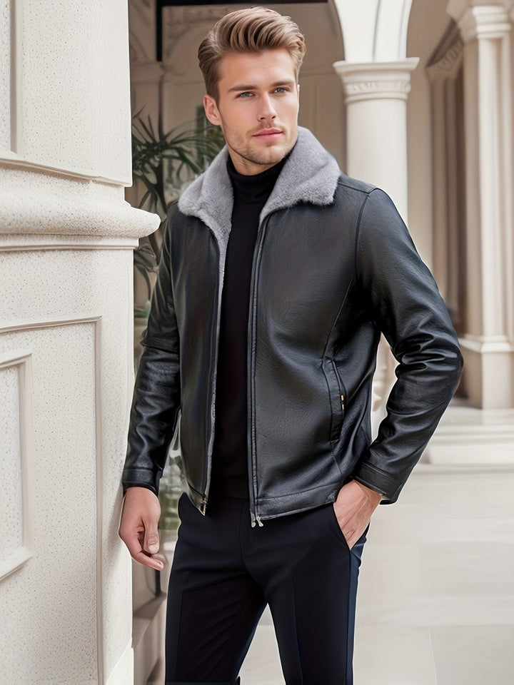 Veste d'hiver décontractée en similicuir avec fermeture éclair et revers | Parfaite pour l'hiver
