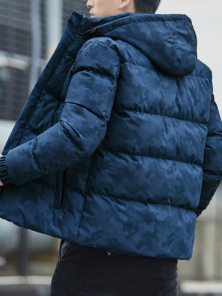 Veste d'hiver matelassée décontractée en coton avec fermeture éclair et capuche amovible pour hommes | Parfaite pour les activités de plein air