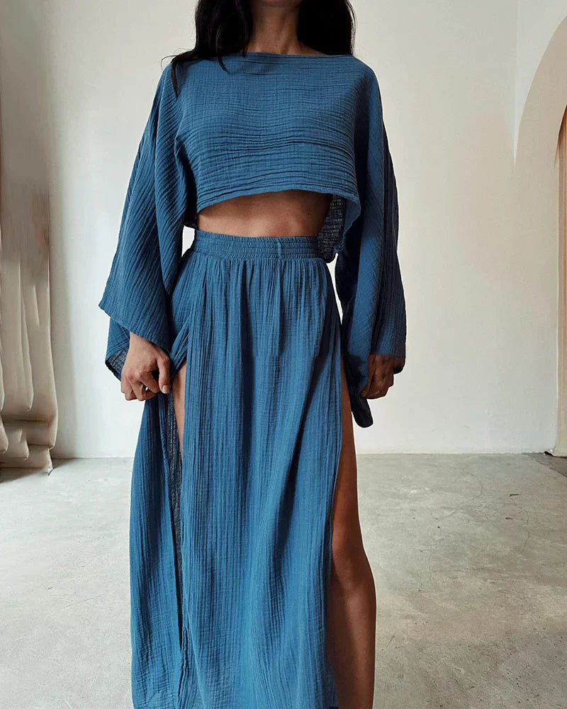 Set estivo da donna in due pezzi – top corto con maniche a pipistrello e gonna lunga con spacco in stile boho