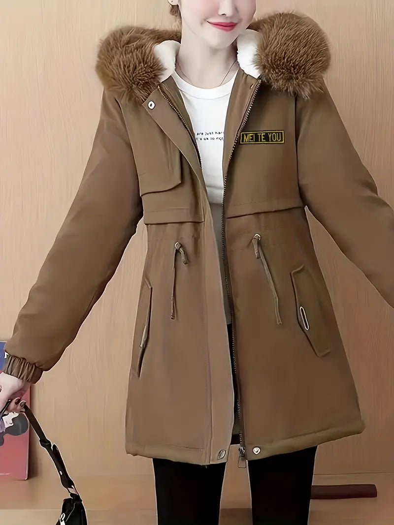 Manteau confortable et moelleux avec capuche et fermeture éclair décontractée