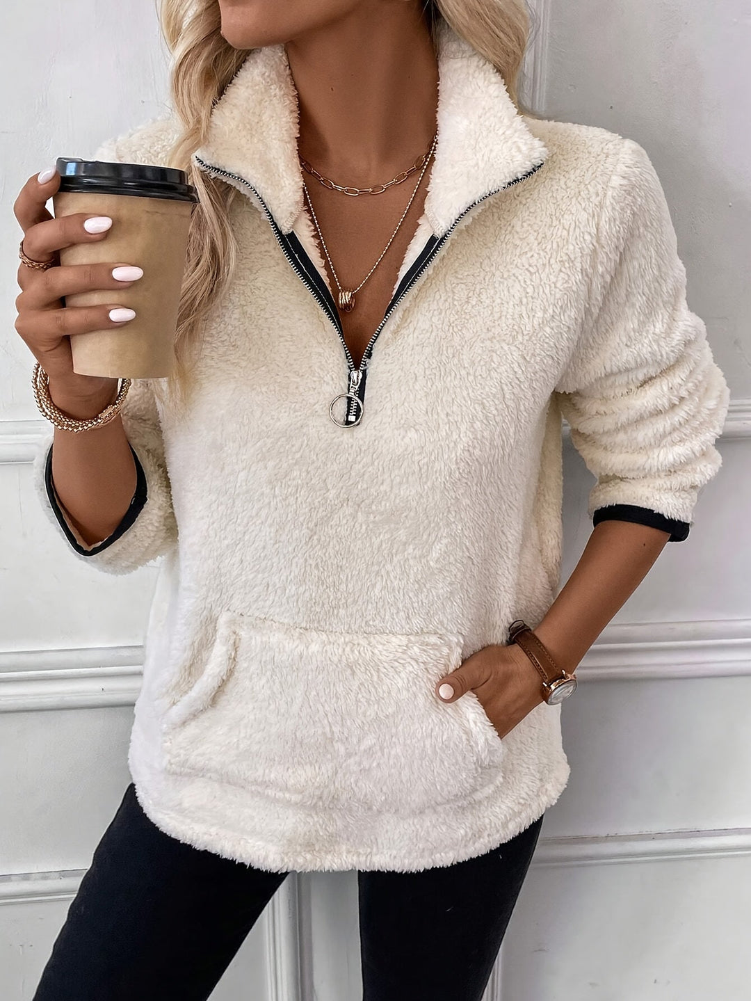 Katina - Pull Teddy douillet avec fermeture éclair pour femmes