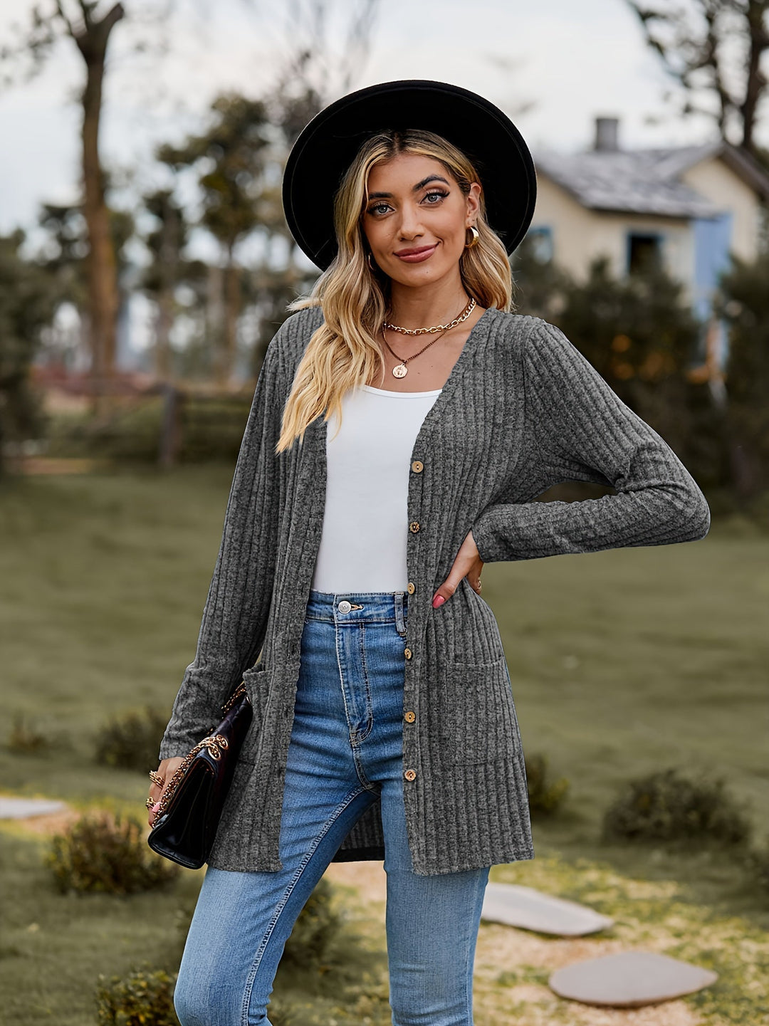 Lässiger warmer gerippter Baumwolle Strickcardigan für Damen | Perfekt für lässige Tage