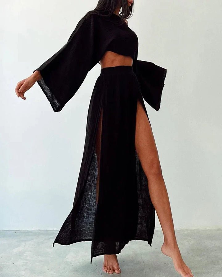 Set estivo da donna in due pezzi – top corto con maniche a pipistrello e gonna lunga con spacco in stile boho
