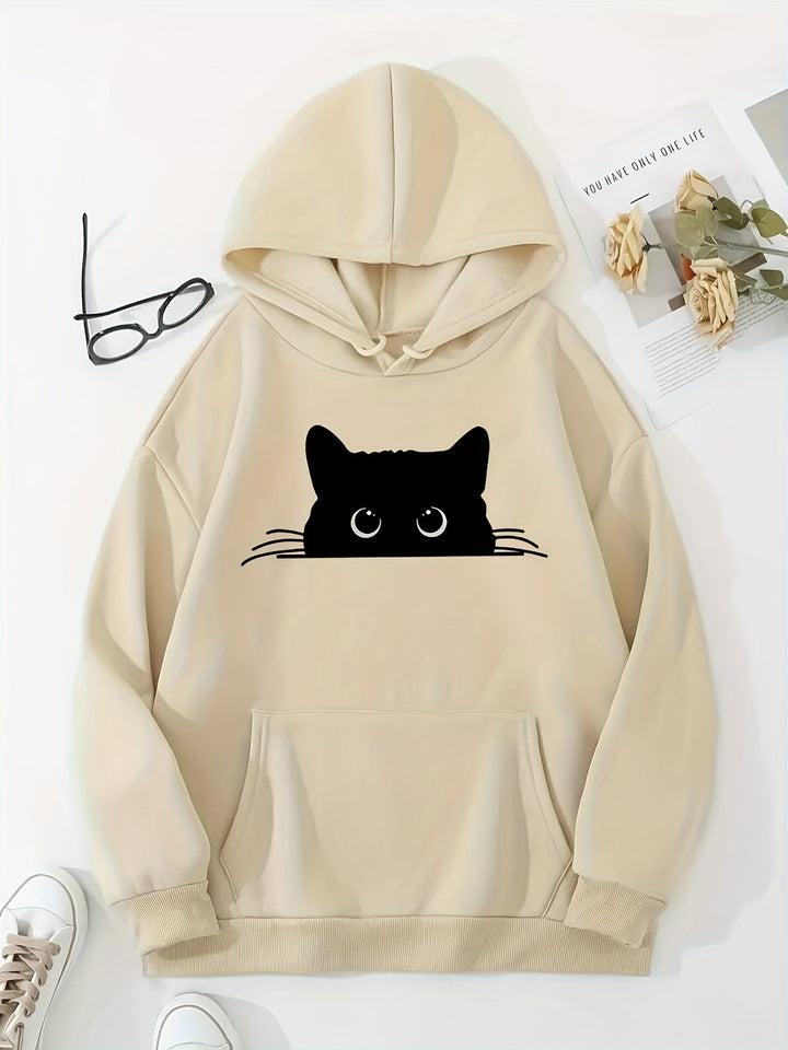 Eleganter Sweat-Pullover-Hoodie mit Katzenprint und Kapuze für Women | Ideal für den Alltag