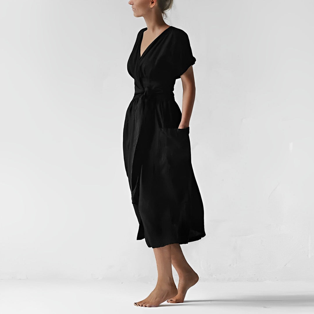 Robe midi élégante ILSE avec ceinture et poches latérales
